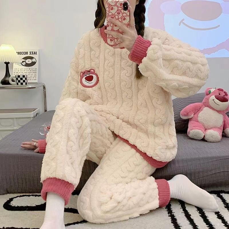 2023年新款睡衣女秋冬季珊瑚絨加厚加絨保暖冬款法蘭絨家居服套裝