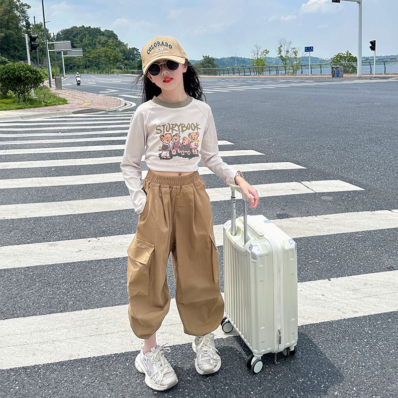 女童工裝褲秋季2023新款大童長褲時髦洋氣韓版褲子兒童春秋休閒褲