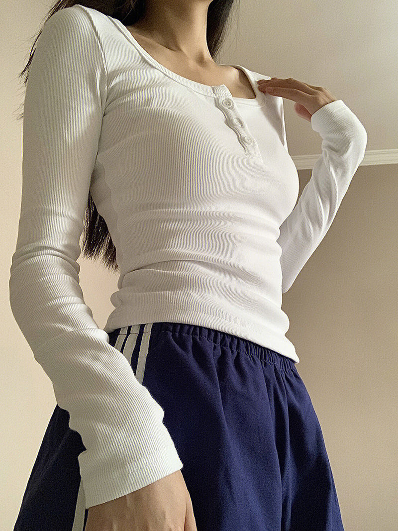 歐貨高腰短款方領排扣長袖t恤女早秋新款緊身內搭白色打底衫上衣