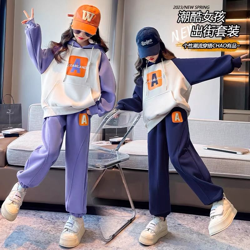 女童秋冬裝薄款休閒套裝2023新款女孩洋氣春秋款中大童上衣兩件套