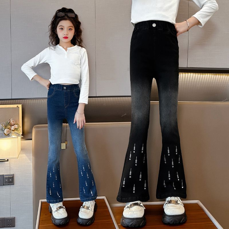 女童褲子2023新款春秋洋氣韓版女孩兒童中大童秋季彈力牛仔喇叭褲