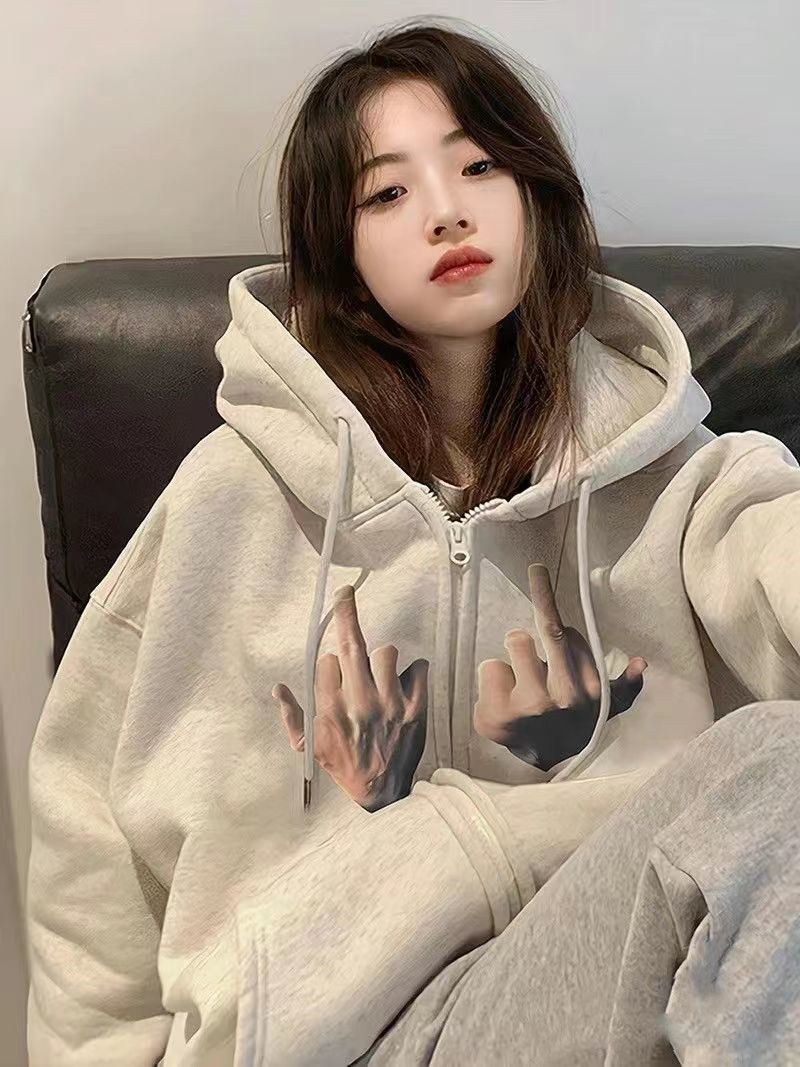 重磅純棉中指印花美式復古開衫衛衣女秋冬季新款oversize潮牌外套