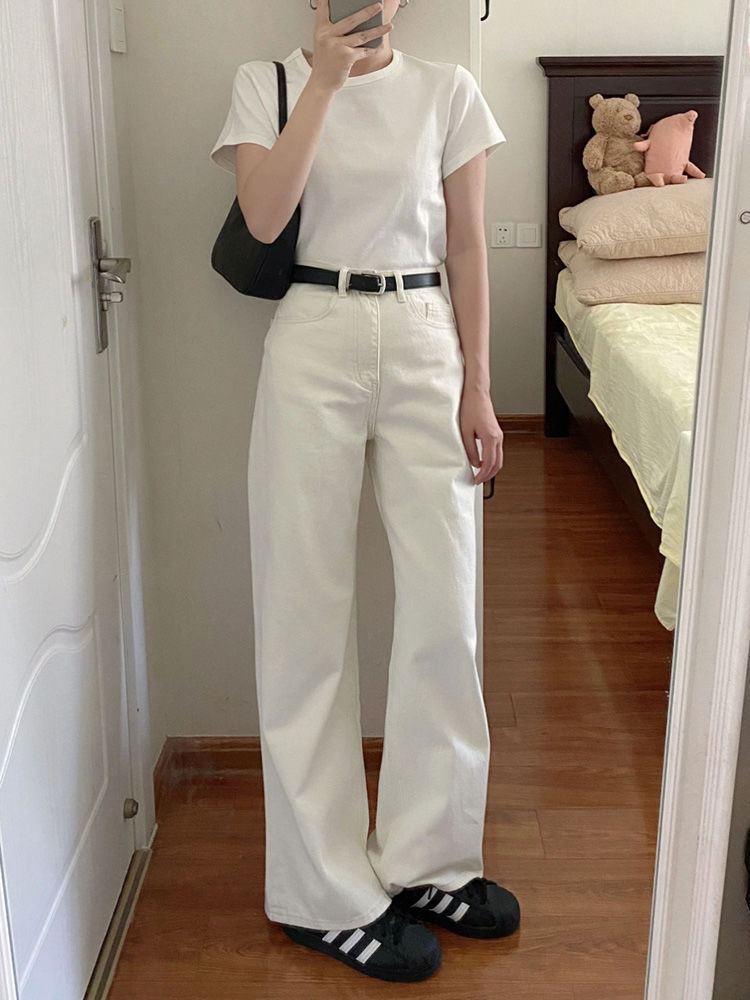 白色高腰闊腿牛仔褲女冬季2023新款寬鬆顯瘦休閒百搭直筒拖地褲子