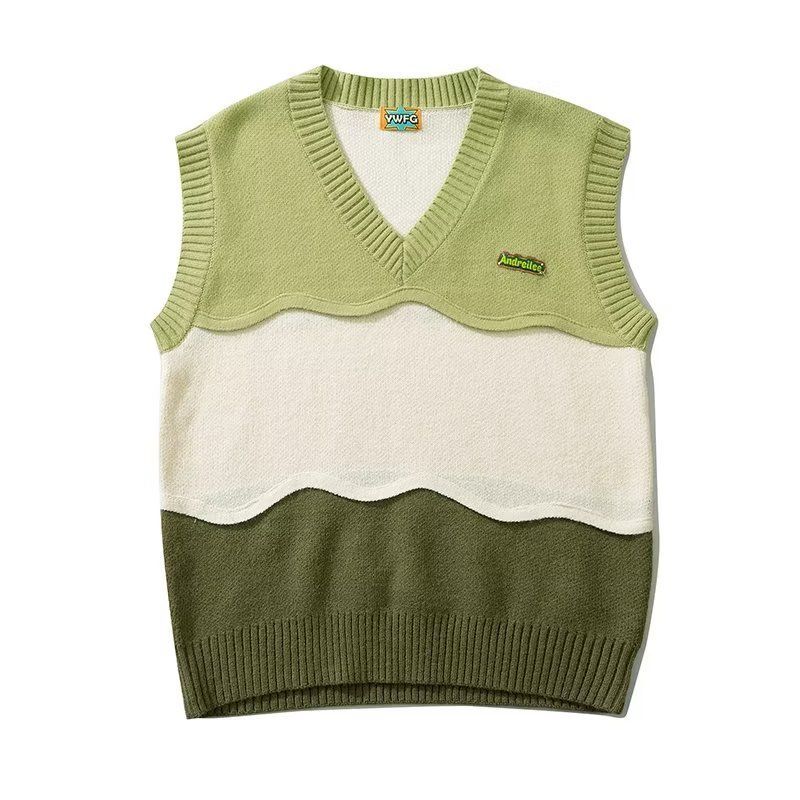 Retro contrasting color splicing V-neck sweater vest for men and women loose college style sweater vest trend couple suit