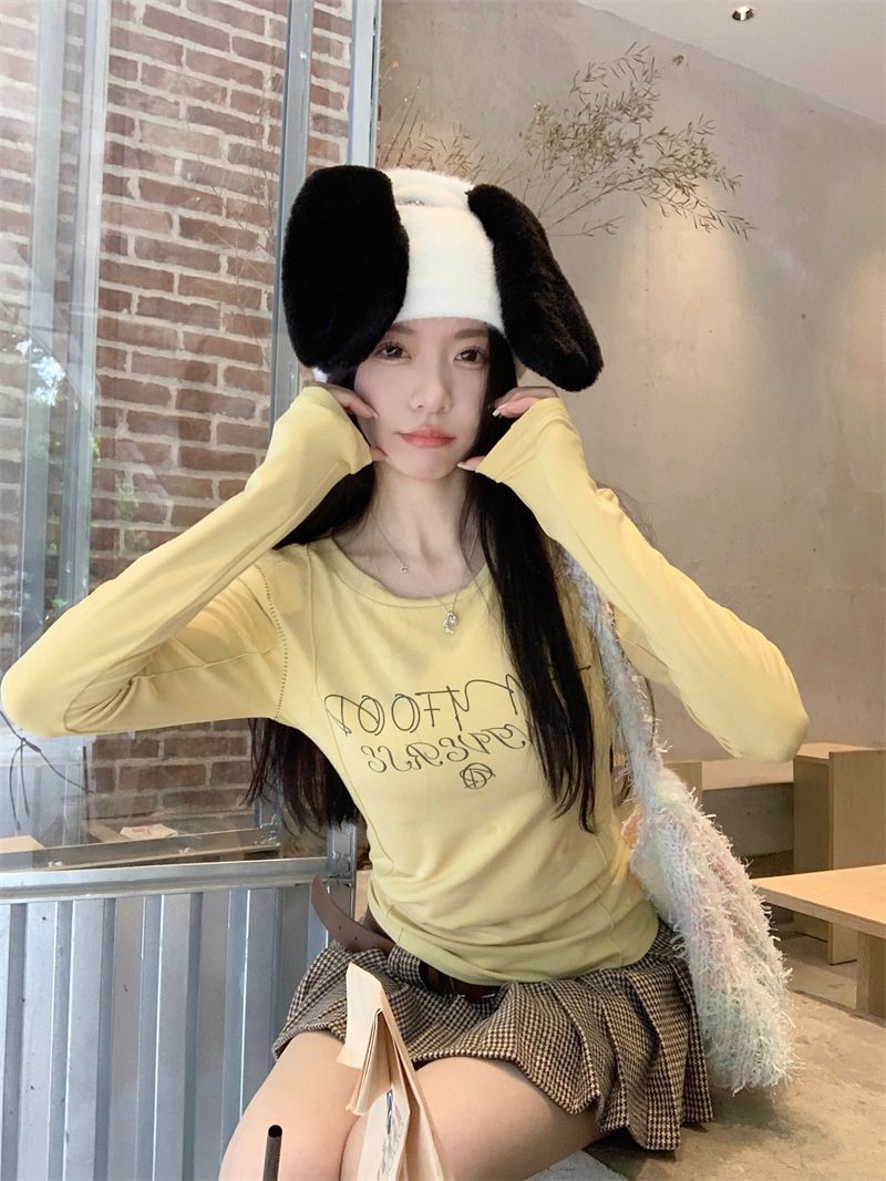 多巴胺字母印花長袖T恤女2023秋季新款修身顯瘦百搭打底衫上衣ins
