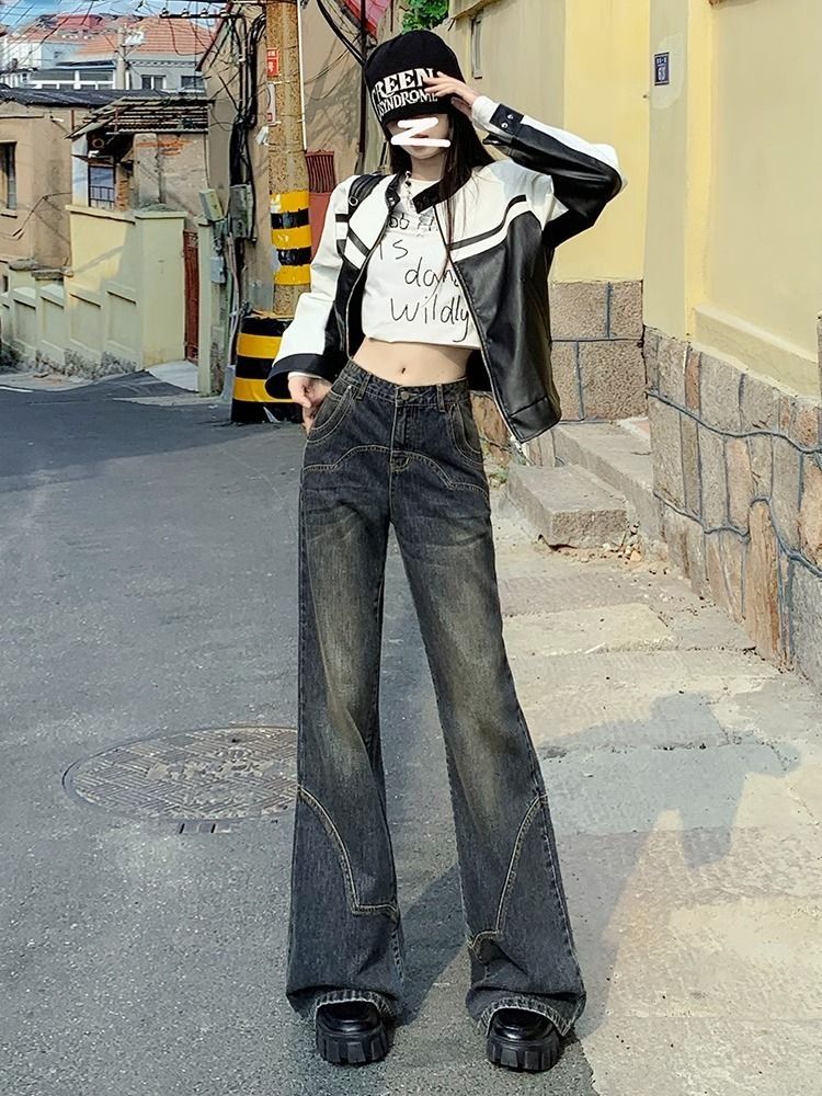 美式復古微喇叭牛仔褲女秋季辣妹小個子高腰顯瘦寬鬆闊腿拖地長褲