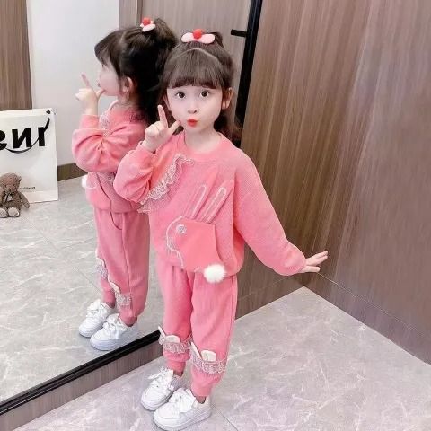 Girls Lace Casual Suit Spring and Autumn 2023 New Style Girl Baby Internet Celebrity Children's Sweater Two-piece Set