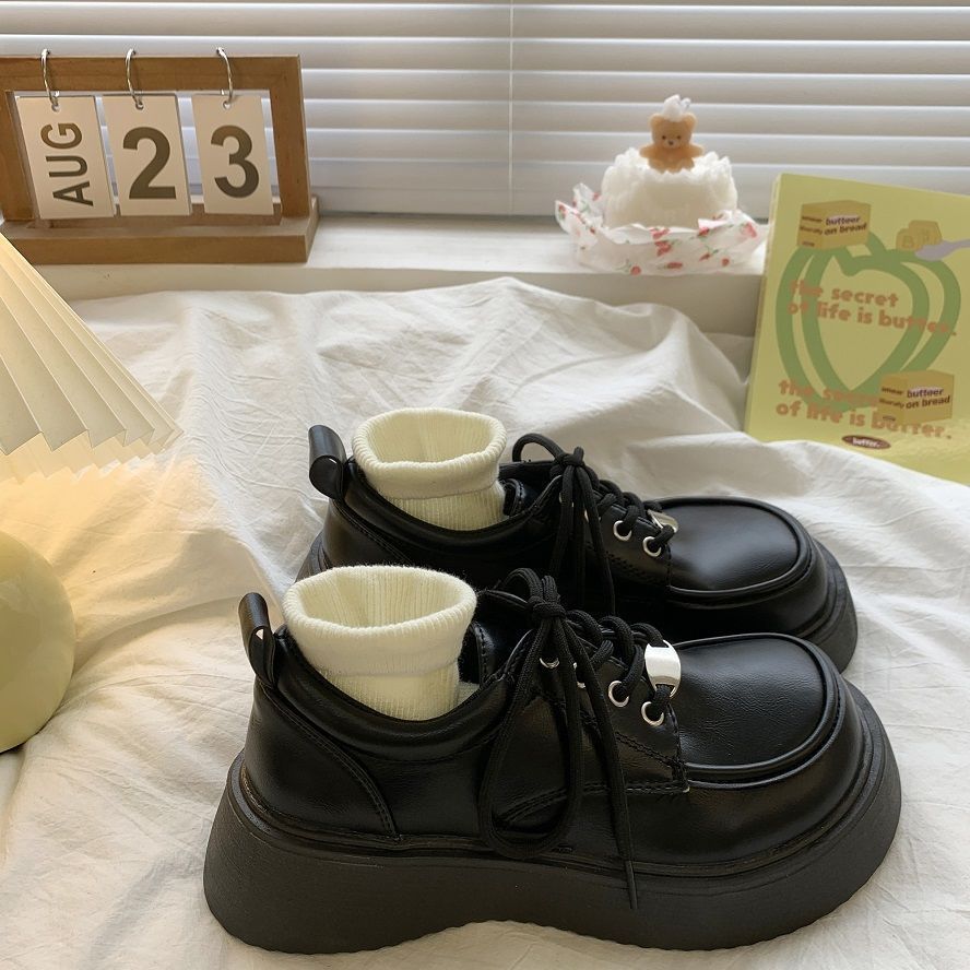復古黑色小皮鞋女2023秋季新款學生大頭鞋增高甜酷英倫風厚底單鞋