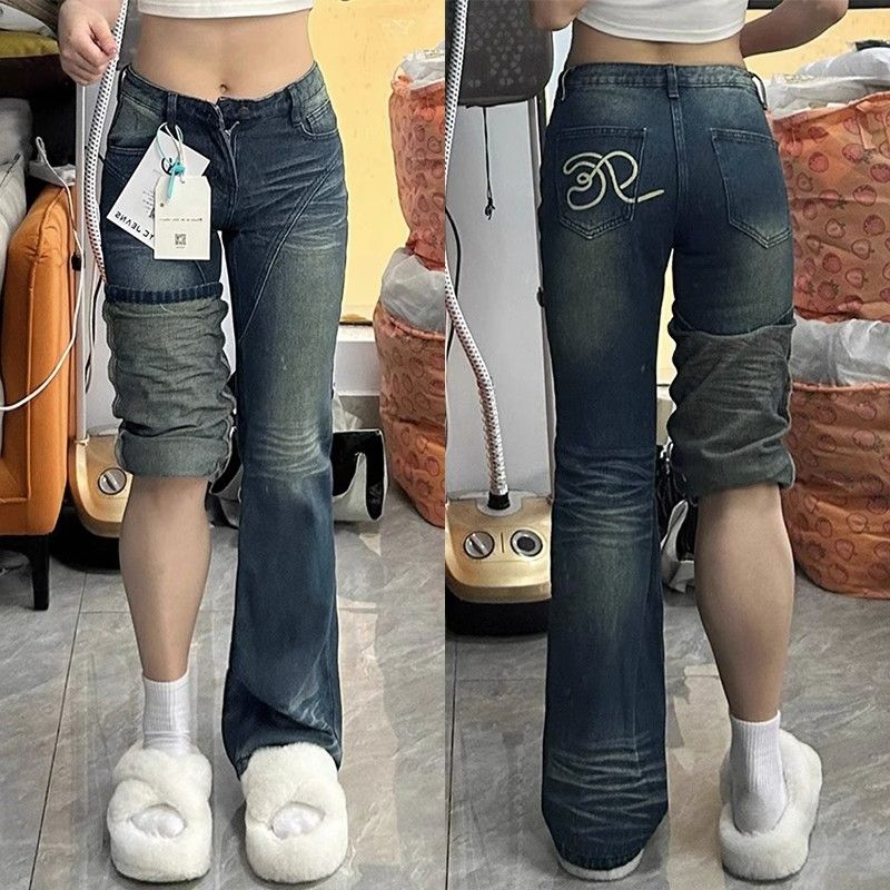 復古微喇叭牛仔褲女春秋季新款美式大碼寬鬆胖mm顯瘦闊腿拖地長褲