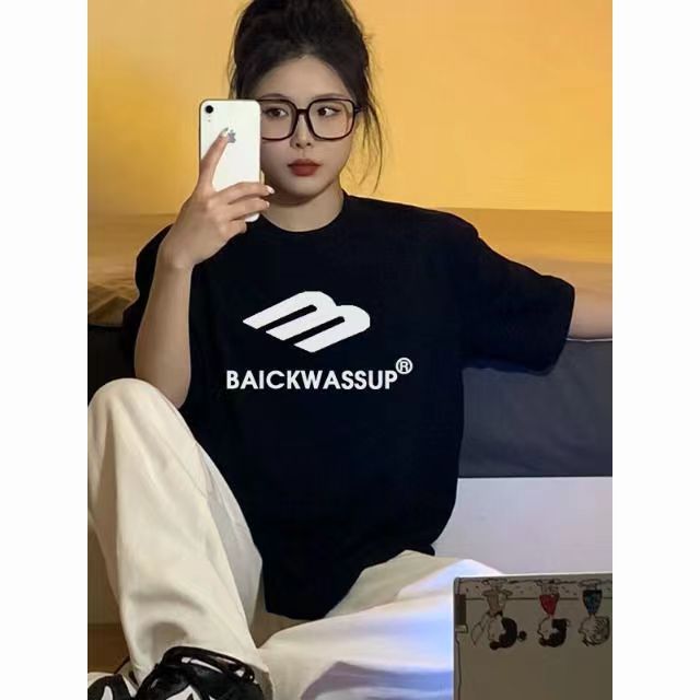 100%純棉歐美街頭落肩款短袖T恤女ins夏季休閒寬鬆情侶寬鬆上衣潮