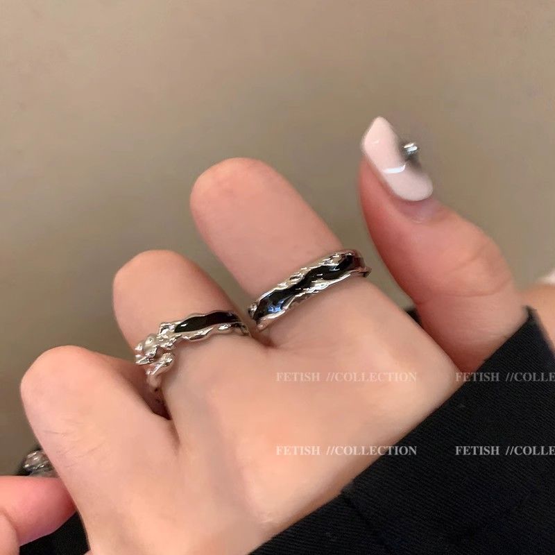 黑色滴釉套裝戒指女士ins小眾高級感設計開口食指戒時尚個性指環