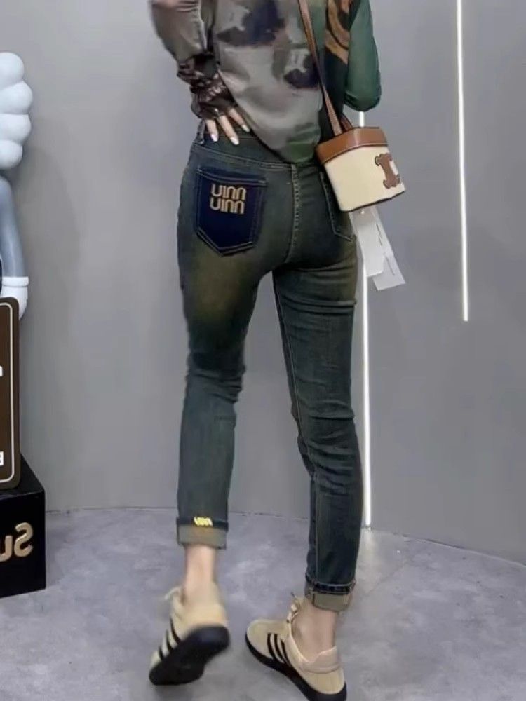 歐貨土耳其色煙管褲女高腰顯瘦牛仔褲2023秋季後兜刺繡字母直筒褲