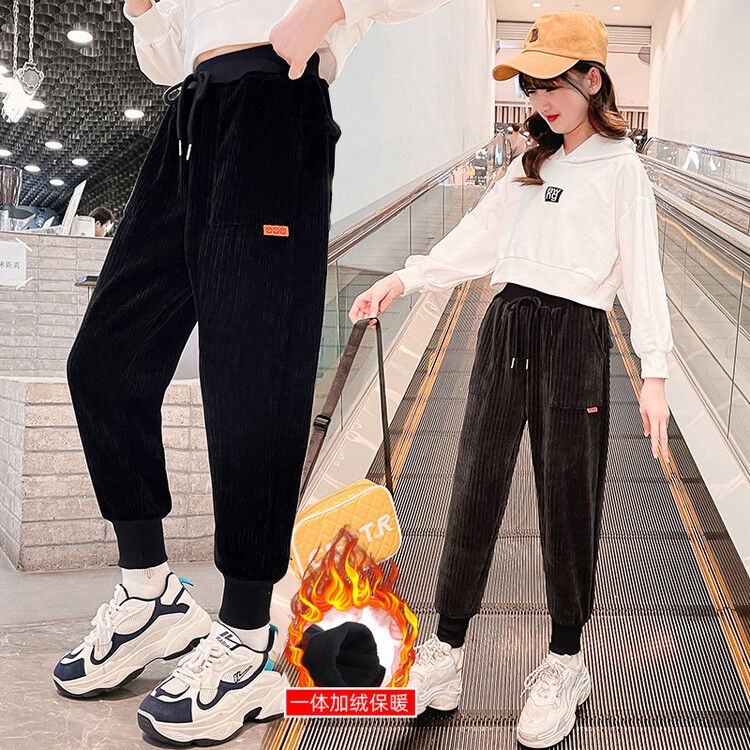 女童燈芯絨褲子2023秋冬新款加絨加厚一體絨保暖洋氣中大童束腳褲