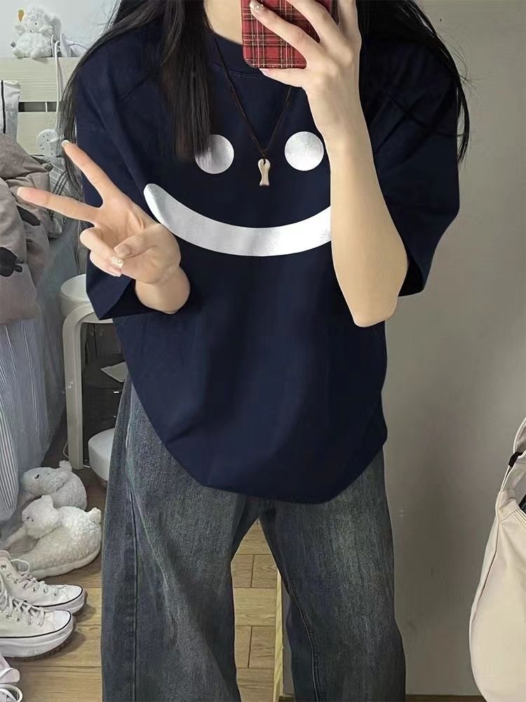 100%純棉夏季新款美式復古印花設計感小眾短袖T恤女寬鬆休閒上衣