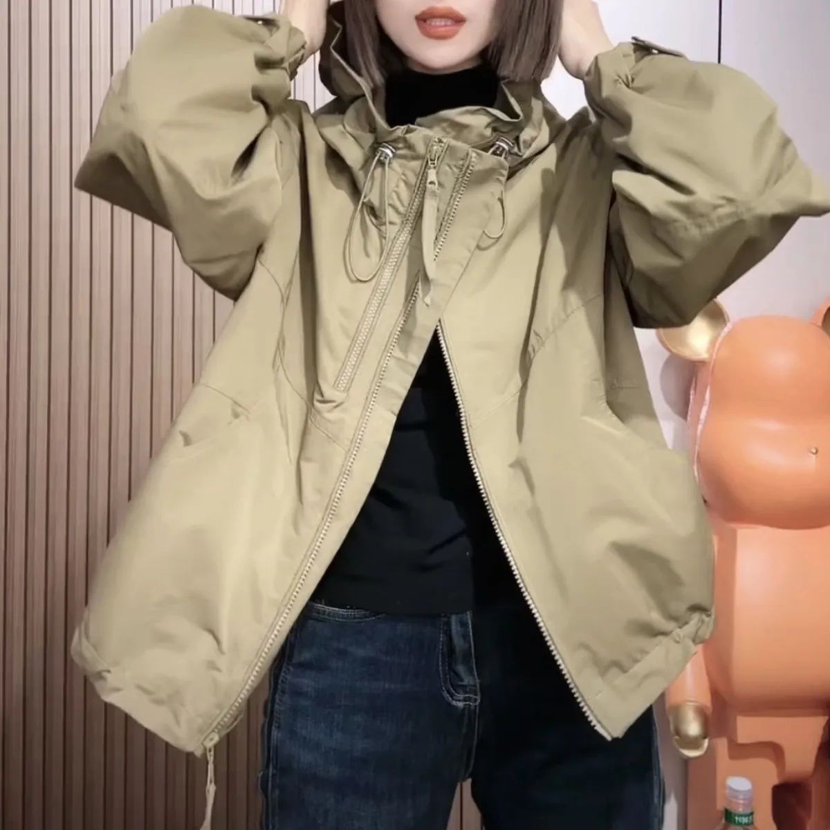 雙拉鏈小個子連帽風衣女2023秋季新款百搭顯瘦大碼遮肉衝鋒衣外套