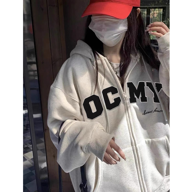 春秋美式復古情侶衛衣女連帽oversize慵懶風冬季加絨加厚開衫外套