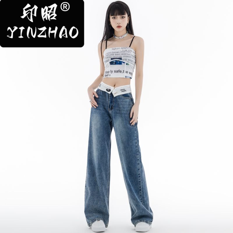 【印昭YINZHAO】闊腿牛仔褲女美式復古翻邊垂感辣妹小眾直筒寬鬆