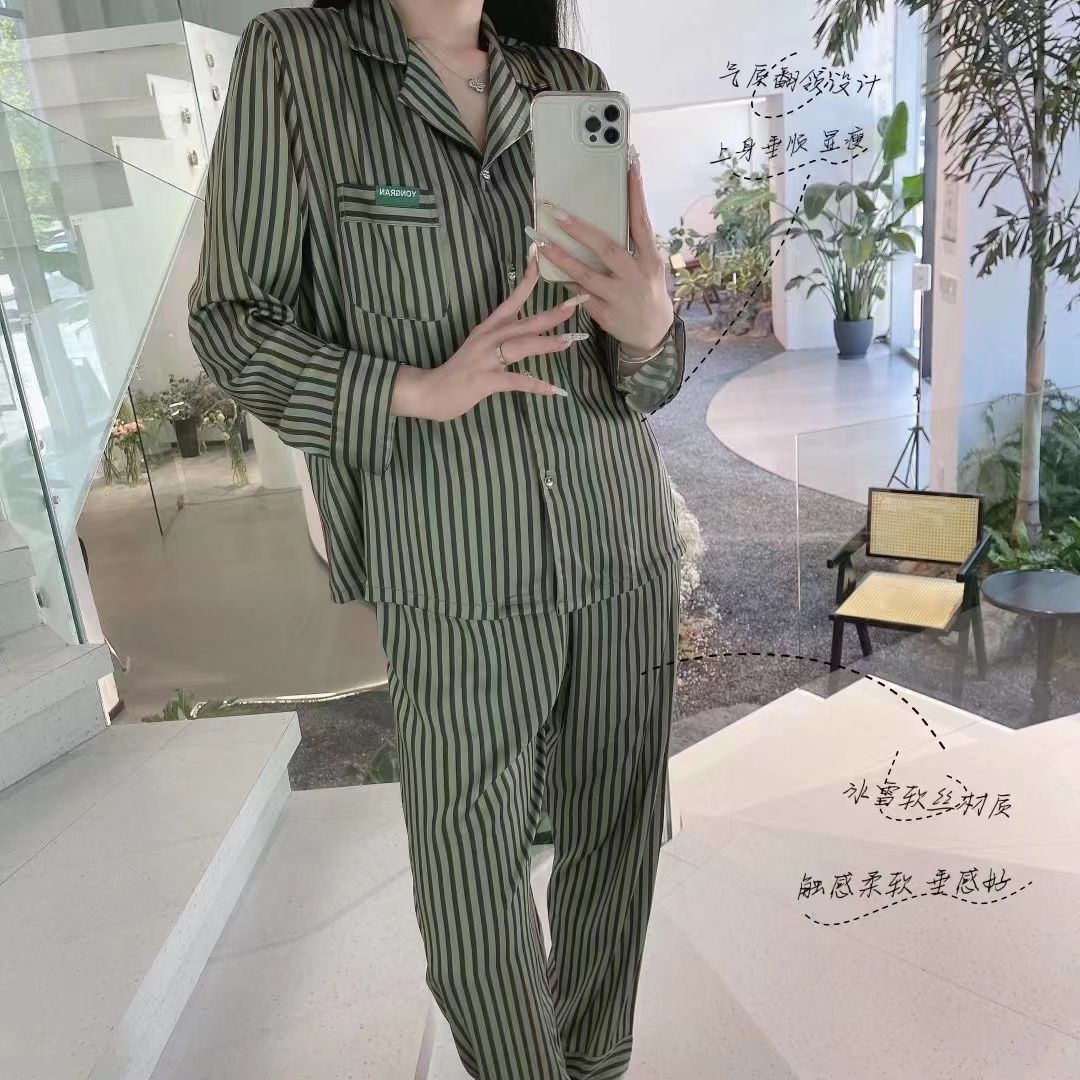 睡衣女套裝長袖春秋高級感森林綠豎條紋顯瘦家居服兩件套可外穿