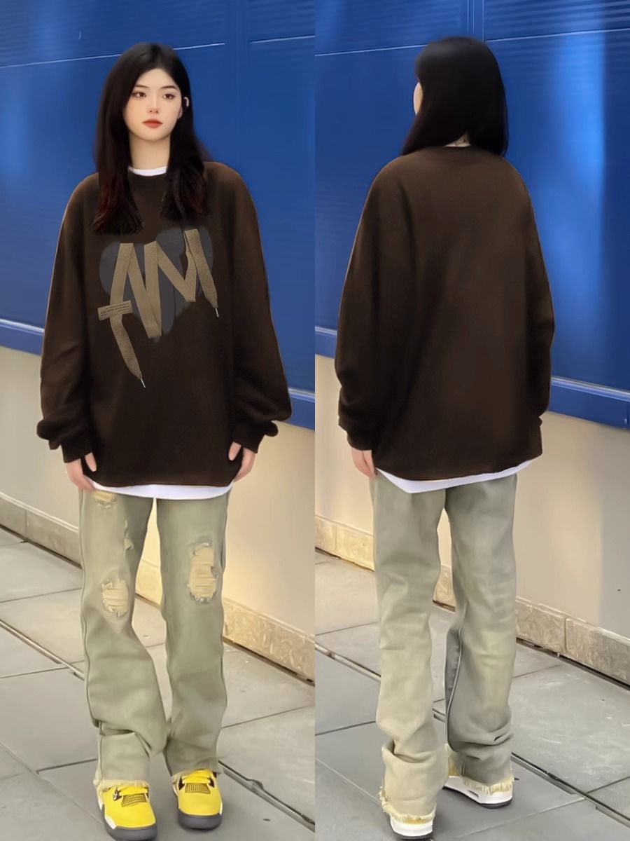 重磅純棉美式復古圓領衛衣女秋冬季新款oversize歐美潮牌情侶上衣