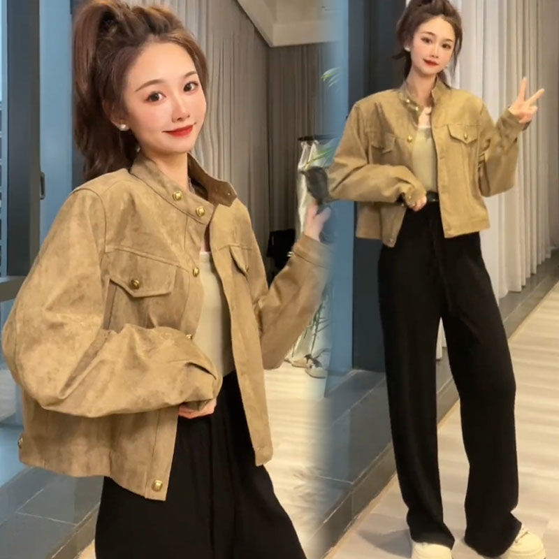 藍海奕諾機車服麂皮絨短外套女2023秋季新款小個子設計感寬鬆上衣