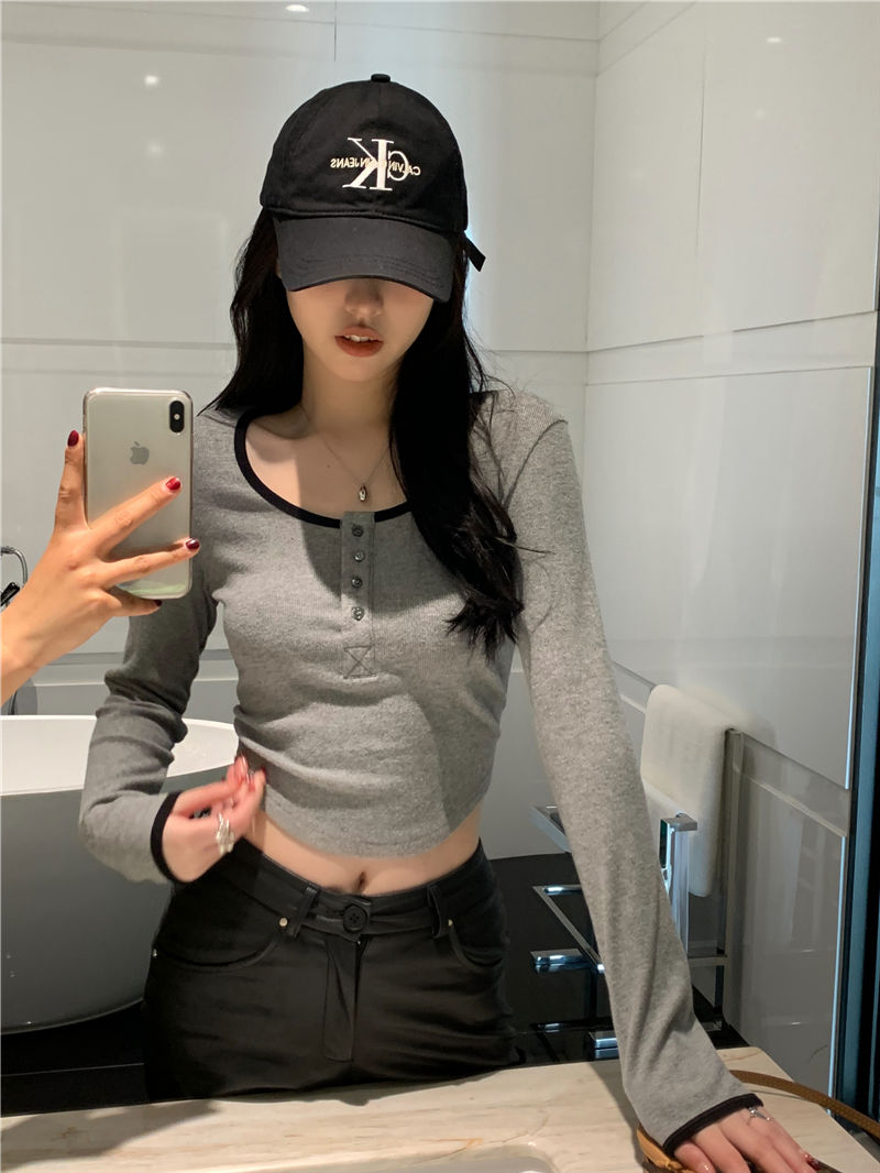告白酷妹~復古半排扣修身T恤女夏季少女感撞色純欲長袖辣妹上衣潮