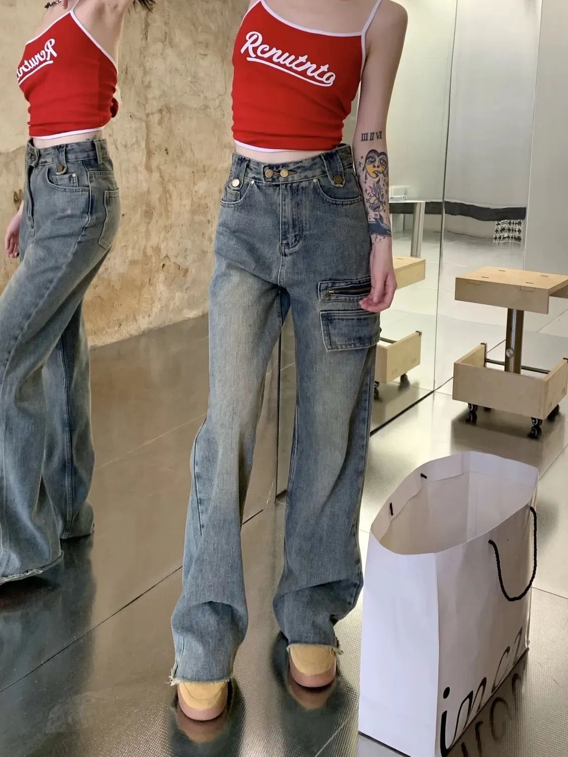 復古高街做舊毛邊工裝牛仔褲女高腰顯瘦直筒寬鬆百搭闊腿拖地褲子