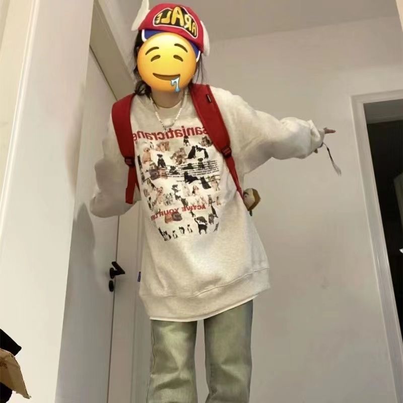 美式復古衛衣女可愛貓咪狗狗印花春秋國潮牌寬鬆oversize加絨外套