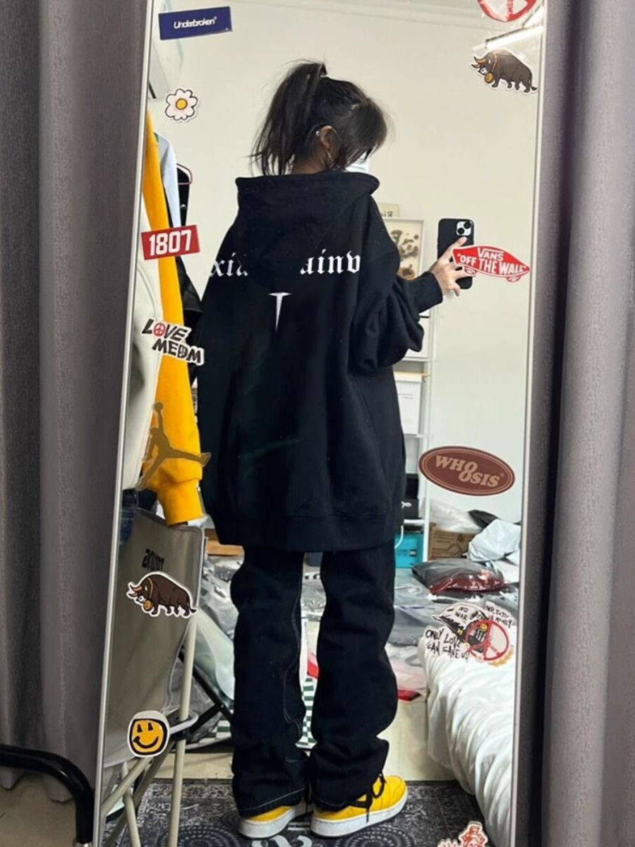美式復古黑色連帽情侶衛衣女秋冬2023新款設計感oversize重磅外套
