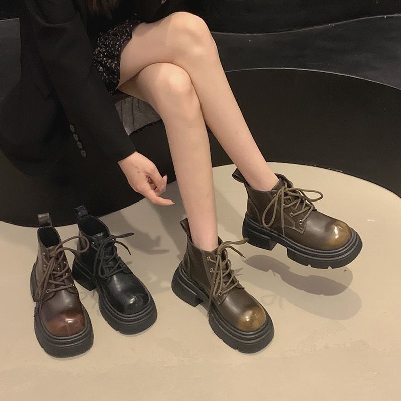短靴女款2023年秋季新款時尚百搭復古帥氣厚底英倫風小皮鞋馬丁靴