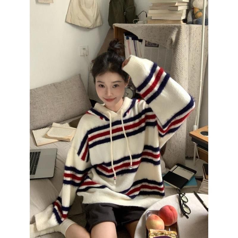 抽繩條紋連帽毛衣女2023秋季新款慵懶風寬鬆顯瘦百搭休閒長袖上衣