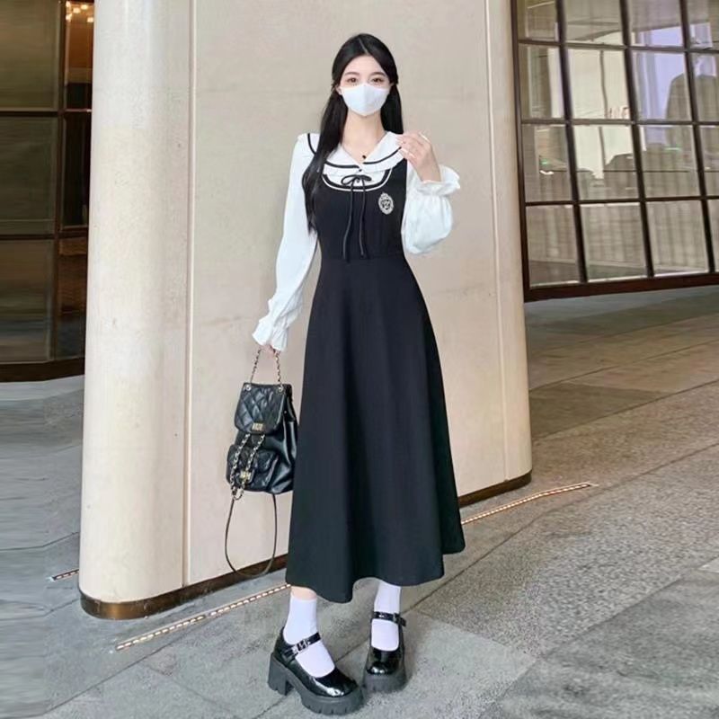 大碼女裝秋季胖mm娃娃領長袖連衣裙設計感小眾假兩件套收腰A字裙