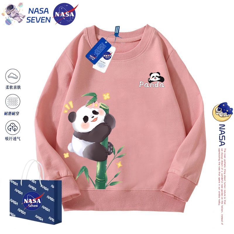 NASA卡通國潮熊貓圓領衛衣男女兒童秋冬季純棉長袖上衣可愛母女裝