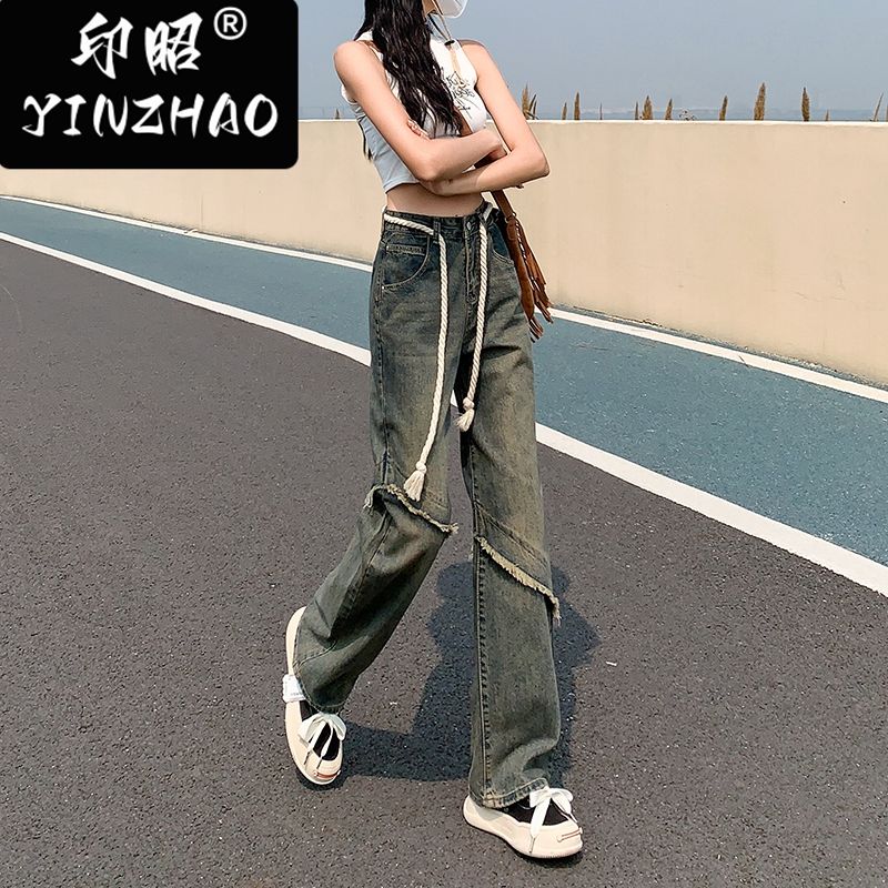 【印昭YINZHAO】牛仔褲女設計感美式闊腿新款毛須高腰直筒拖地褲