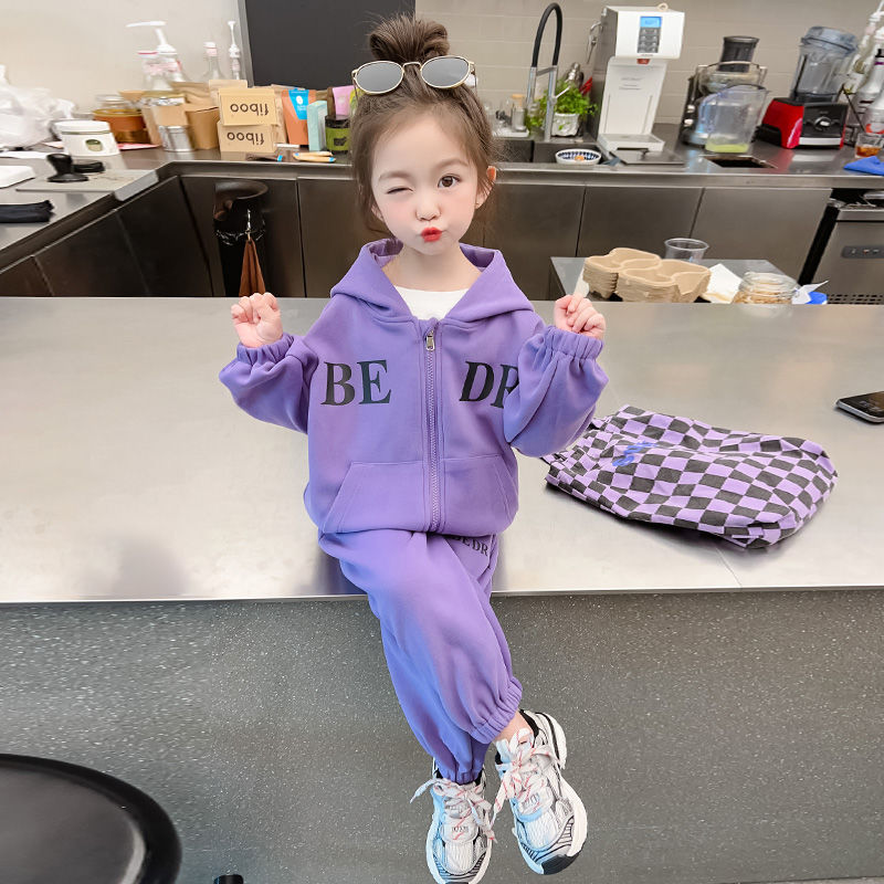 Girls  New Cardigan Hooded Sweatshirt Purple Autumn Cute Female Animation Letter Two-piece Set for Small and Medium-sized Children