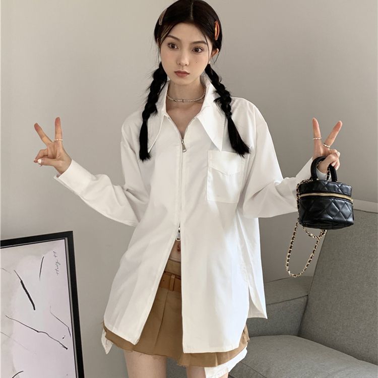 法式拉鏈白色長袖襯衫女秋季設計感小眾寬鬆顯瘦襯衣獨特别致上衣