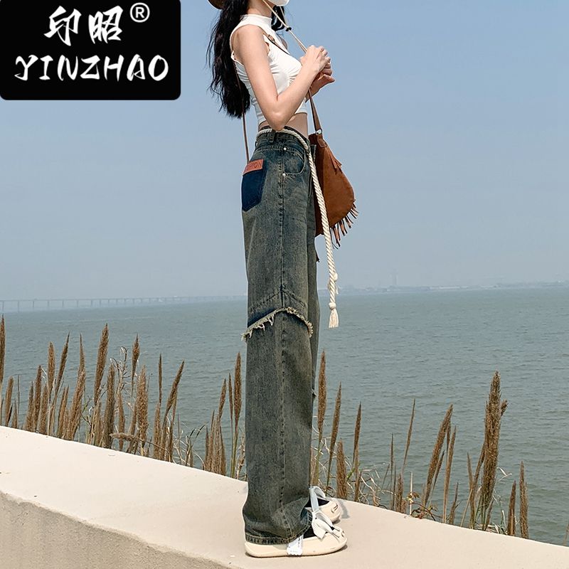 【印昭YINZHAO】美式高街闊腿牛仔褲女設計感新款毛須高腰直筒褲