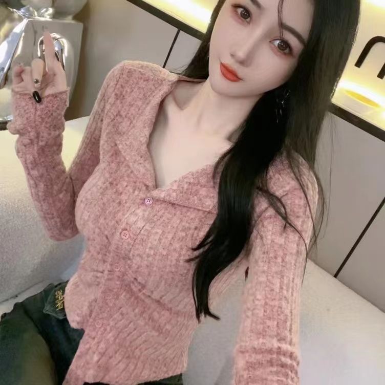針織開衫女秋小眾設計款修身顯瘦氣質短款上衣美式辣妹polo領長袖