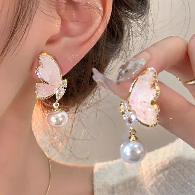 Dancing_Crystal butterfly pearl earrings women's niche design high-end 2023 new ins earrings earrings