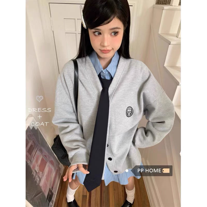PPHOME學院甜妹~休閒棒球服開衫外套氣質襯衫連衣裙學院風兩件套