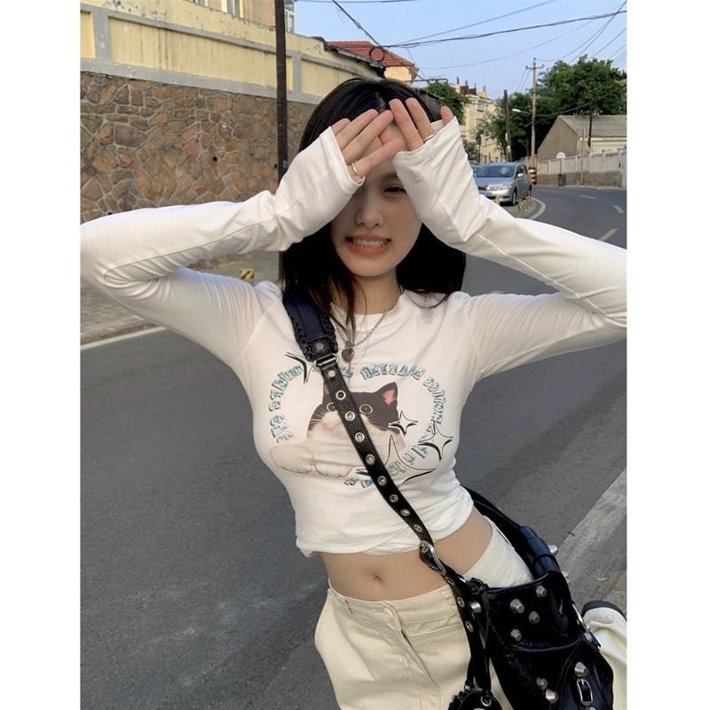 貓咪T恤女設計感小眾秋季短款內搭白色甜辣妹緊身長袖打底衫上衣