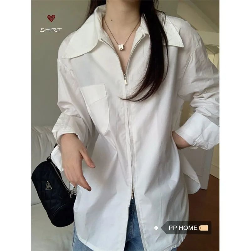 春新款簡約又小眾~韓系時髦精復古雙向拉鏈設計寬鬆長袖純色襯衫
