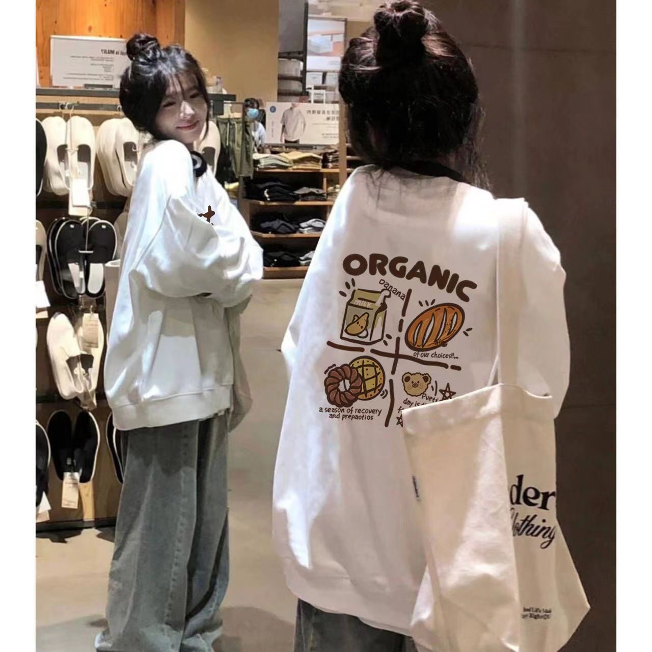 oversize圓領白色衛衣女春秋冬新款加絨慵懶風設計感小眾印花上衣