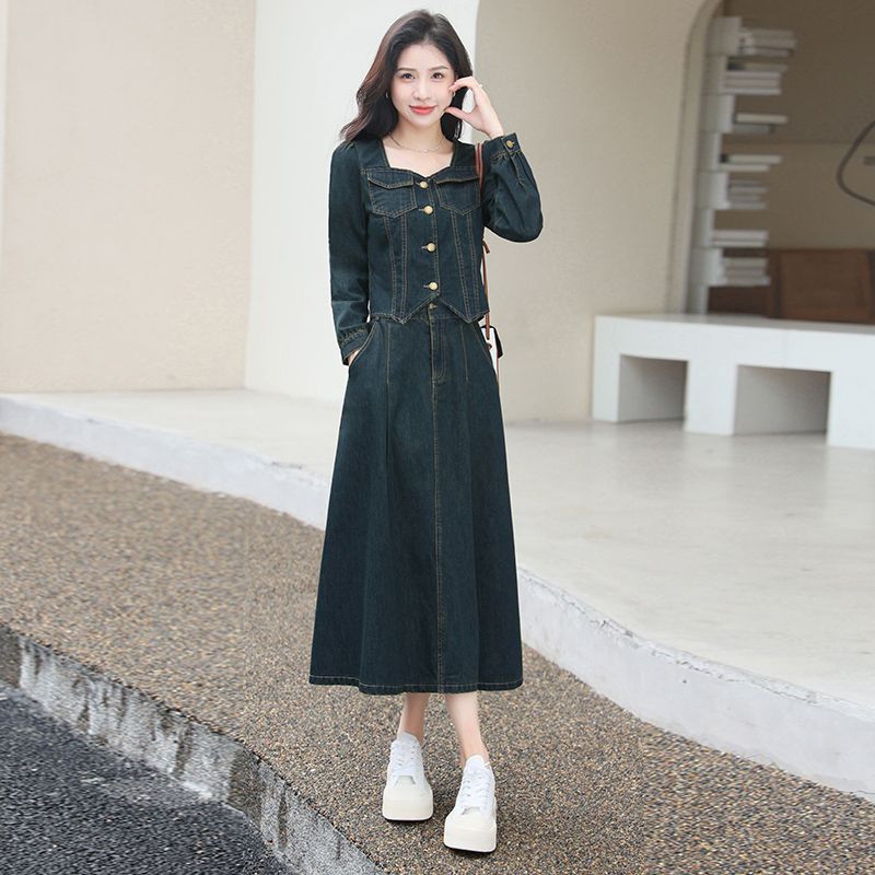 洋氣牛仔半身裙套裝女秋2023年春秋季新款復古法式牛仔上衣兩件套