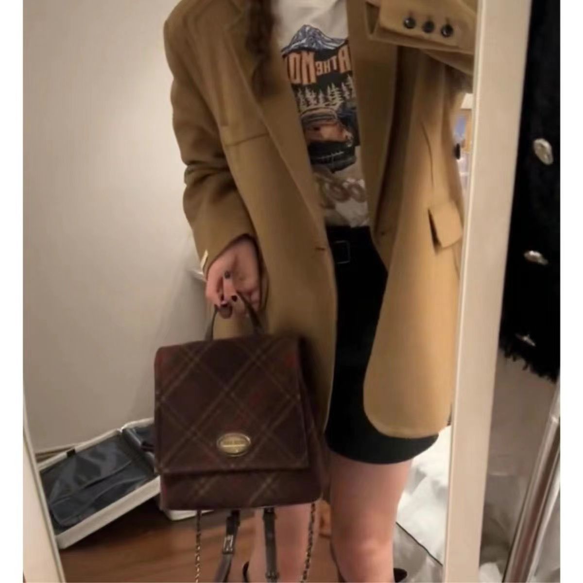 小眾原創設計秋冬獨特復古紅綠格雙肩包高級質感手提背包