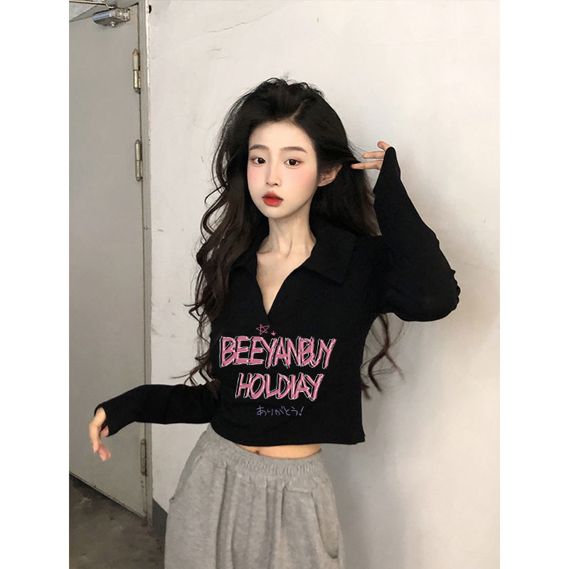 polo領純欲風短款長袖上衣女裝秋季辣妹設計感修身黑色打底衫T恤