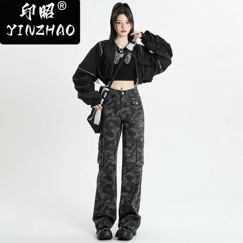【印昭YINZHAO】秋季新款高腰迷彩工裝牛仔褲女辣妹寬鬆顯瘦拖地