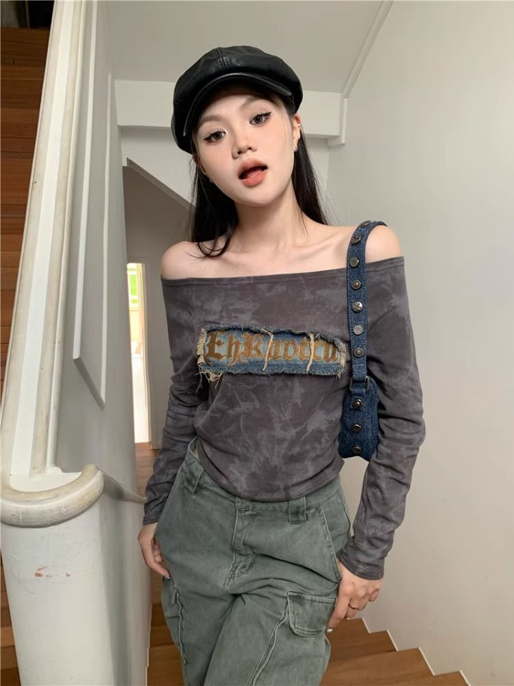 早秋季新款美式辣妹一字肩扎染修身短款打底衫抽褶長袖T恤上衣女