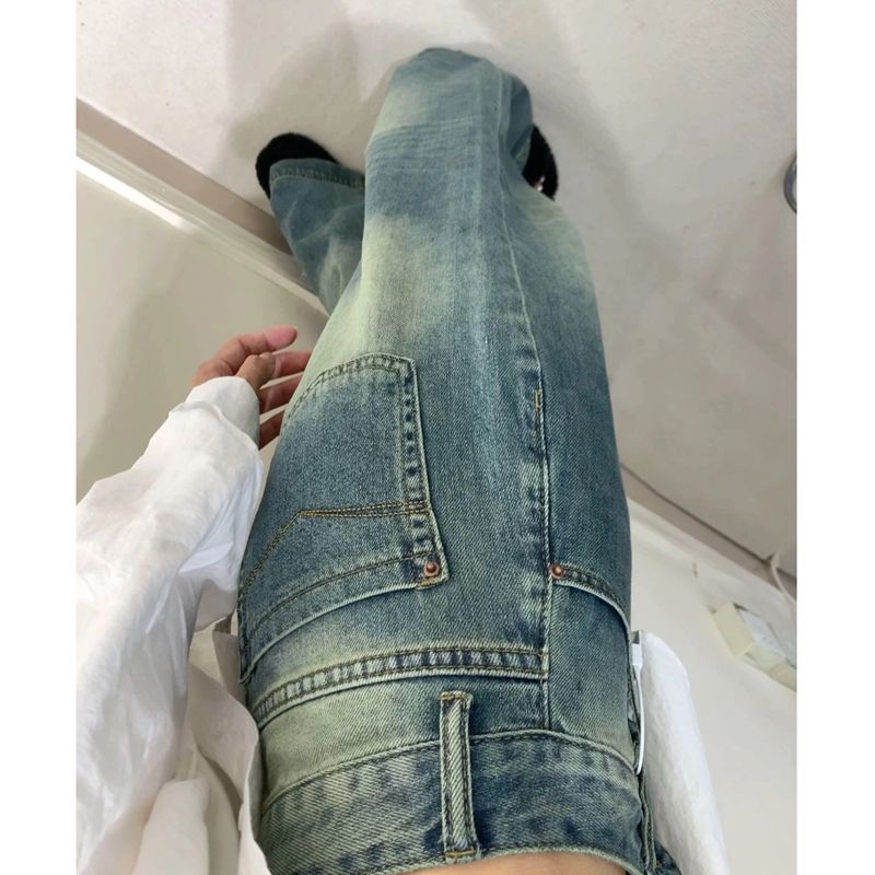 辣妹復古懷舊水洗牛仔褲女秋季小個子高腰寬鬆闊腿褲直筒拖地長褲