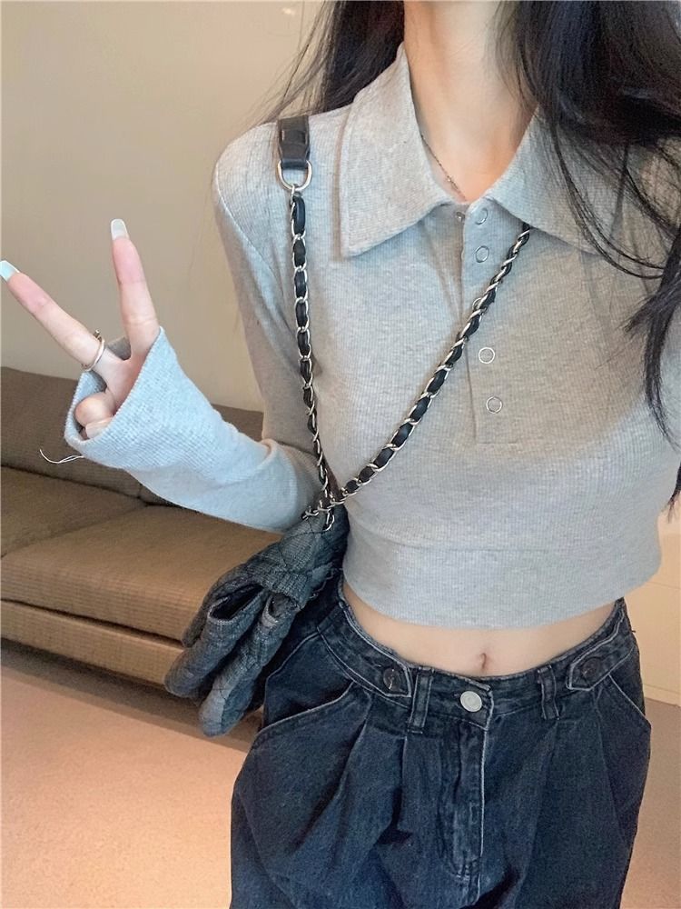 復古純欲風長袖Polo領T恤女裝秋季修身顯瘦短款露臍百搭打底上衣