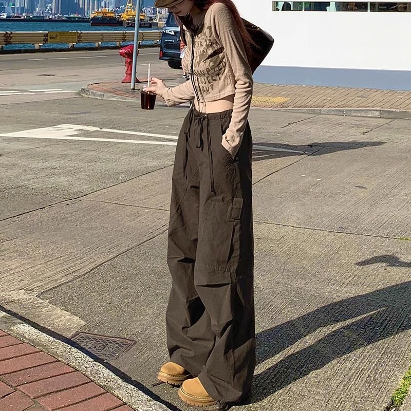 美式高街工裝闊腿褲女早秋2023新款高腰辣妹鬆緊腰直筒寬鬆休閒褲